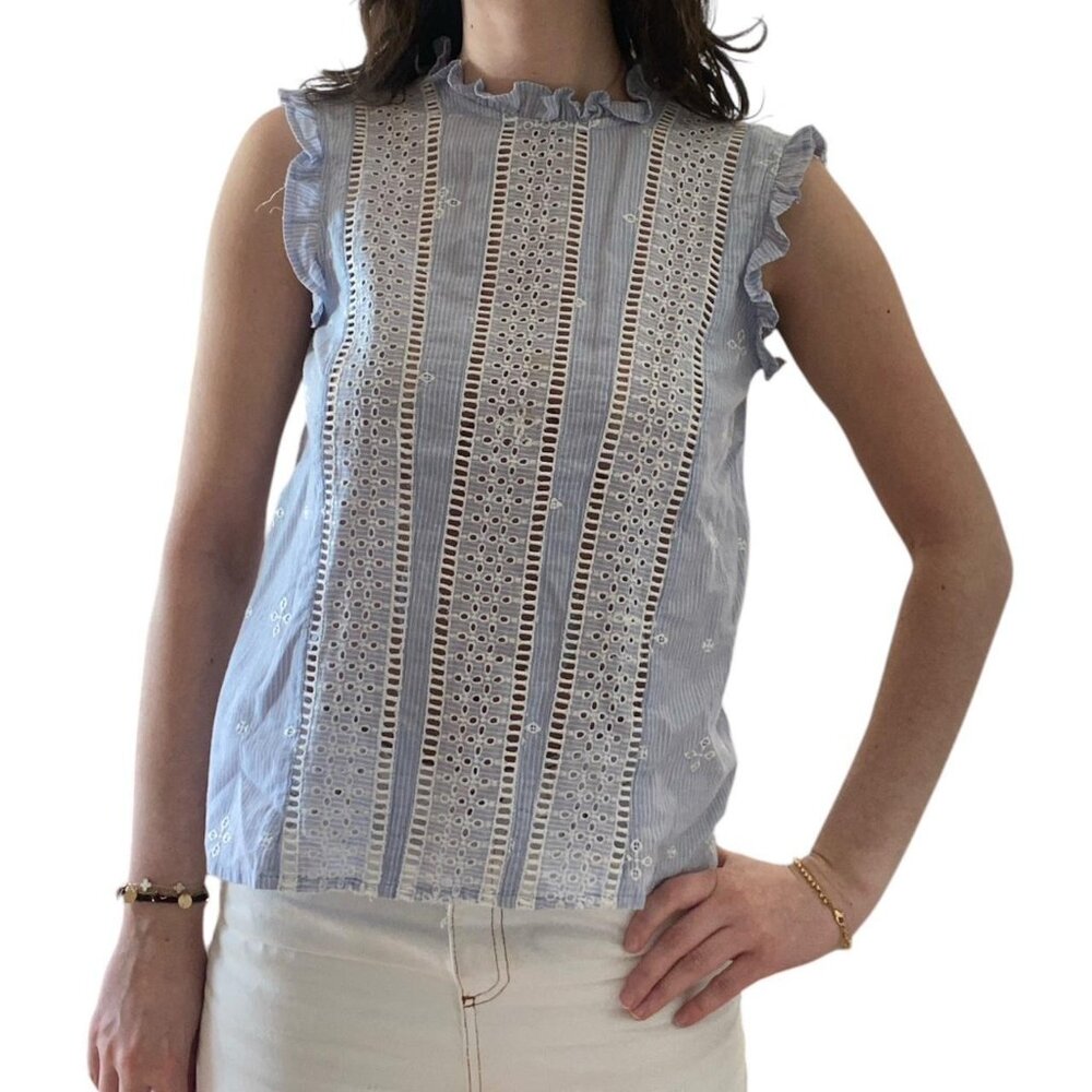 Blue and white blouse with embroidery, size 2